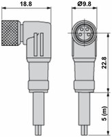 Konektors ar kabeli, M8, 4-PIN, leņķiskais, mamma, kabelis 5m, IP65/IP67/IP69K, XZCP1041L5 Telemecanique