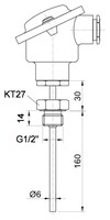 Temperatūras sensors ar vītni un galvu, PT100 B, 6 x 160mm, G 1/2, -50….500°C, ET511 Evikon