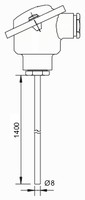 Temperature sensor with head, PT100, 8 x 1400mm, DIN B, -50….500°C, ET501 Evikon