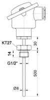 Датчик температуры с резьбой и головкой, PT100 B, 8 x 500mm, G 1/2, -50….500°C, ET511 Evikon